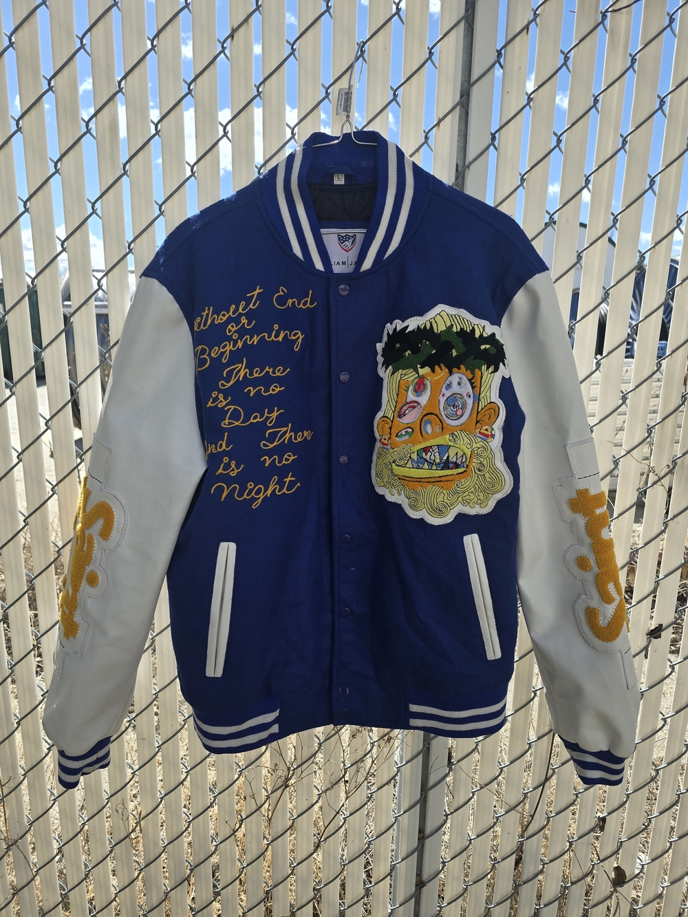 Blue and White Embroidered Varsity Bomber Jacket